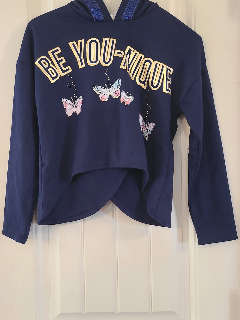 Self Esteem Navy Cropped Hoodie with Pastel Butterfly -Girl's Size L